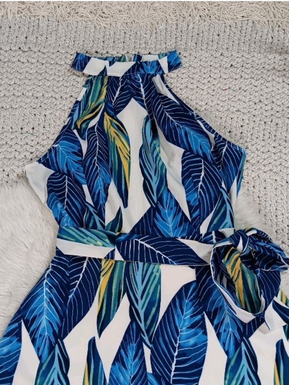 Women's Blue Green Tropical Leaf Print Halter Tie Waist Sundress - Picture 6 of 8